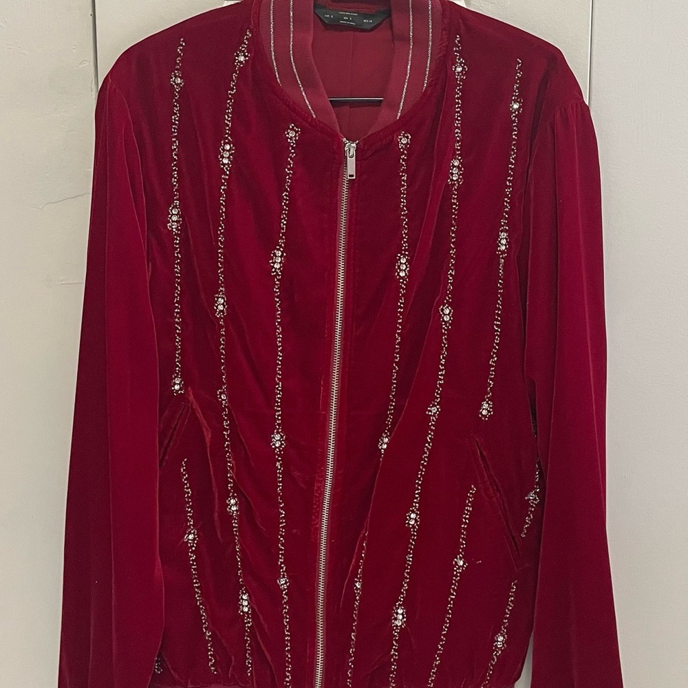 STUNNING ZARA MAN RED BURGUNDY EMBROIDERED VELVET BOMBER JACKET SIZE S